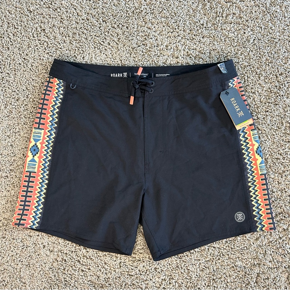 $69 NWT Roark Mens 34x5.5 Board Shorts Black Aztec "Passage" Beach Swim Trunks
